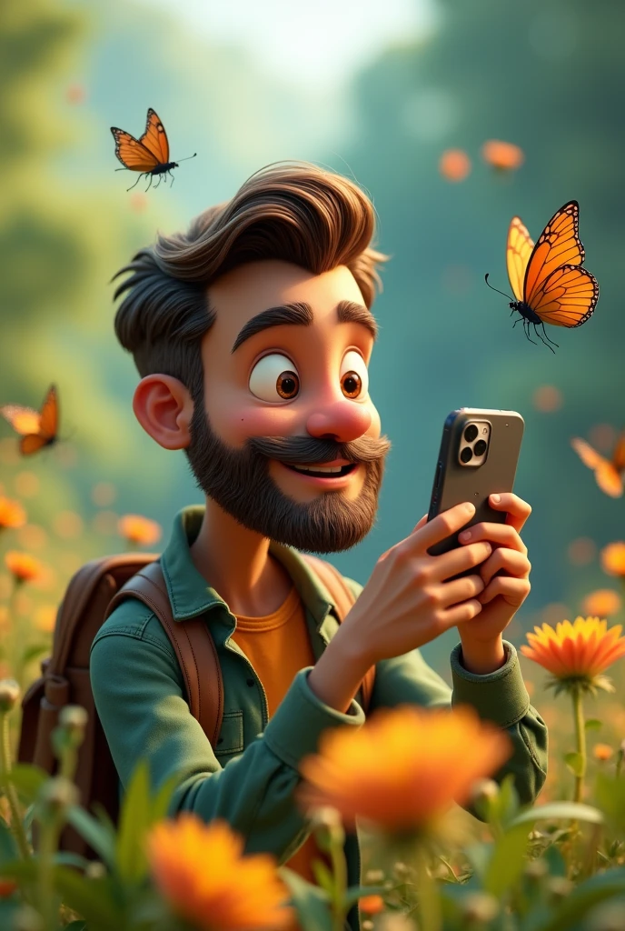 A french cut beard animated man taking pictures of bugs and butterflies by his mobilephone in front of his mobilephone