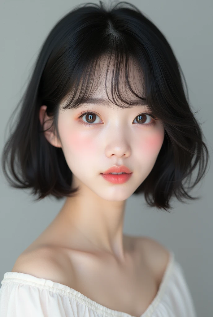 (Photorealism:1.2) Create an 18 year old woman, KOREAN, white and delicate skin, with calm and cute appearance, natural black hair that looks like a rabbit. 