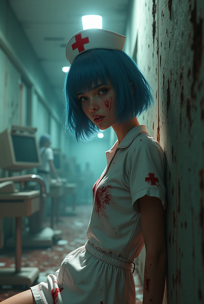 ((CGI,3D)) “cartoon-art style” Masterpiece in maximum 16K resolution, macabre Silent Hill style. | A 20-year-old woman, wears a nurse outfit all in white, now dirty, torn, and stained with blood. Her body shows signs of exertion, covered in sweat, as she gazes at the viewer with a determined look and an evil smile. Her short, blue hair with a voluminous fringe in front of her right eye is complemented by a macabre nurse cap, boasting a red cross in the center. Amidst a deteriorated, dirty, and macabre hospital filled with destroyed hospital machines, old and broken beds, bloody demons, macabre altars, rocky structures, leaking pipes, and ruined computers. The Silent Hill style permeates the scene, immersing it in a demonic atmosphere of horror and terror. | The composition of the scene emphasizes decay and horror, using dark angles and play of light and shadow to intensify the macabre atmosphere. Details such as blood on the costumes, the sinister facial expression of the character, and the destruction of the hospital contribute to creating a visually impactful experience. | Scene of a macabre woman in a nurse outfit, immersed in a Silent Hill environment full of demons and destruction, with her determined gaze and evil smile. | {The camera is positioned very close to her, revealing her entire body as she adopts an angry_poseas, interacting with and leaning on a structure in the scene in an exciting way} | She is adopting an ((angry_poseas interacts, boldly leaning on a structure, leaning back in an exciting way):1.3), ((perfect_pose)), ((full body)), perfect_fingers, perfect_legs, “More Detail”