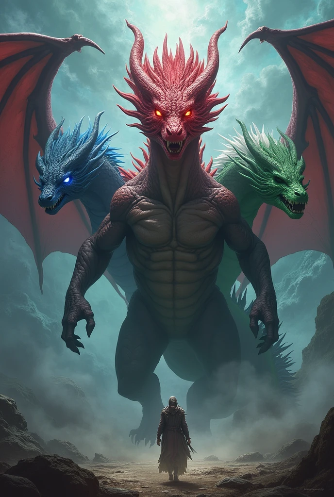 A tiamat dragon with five heads, one of each color, D&D style Hyperrealistic, splash art, concept art, mid shot, intricately detailed.
 Red head in the middle, Blue head,Green head, White head and black head