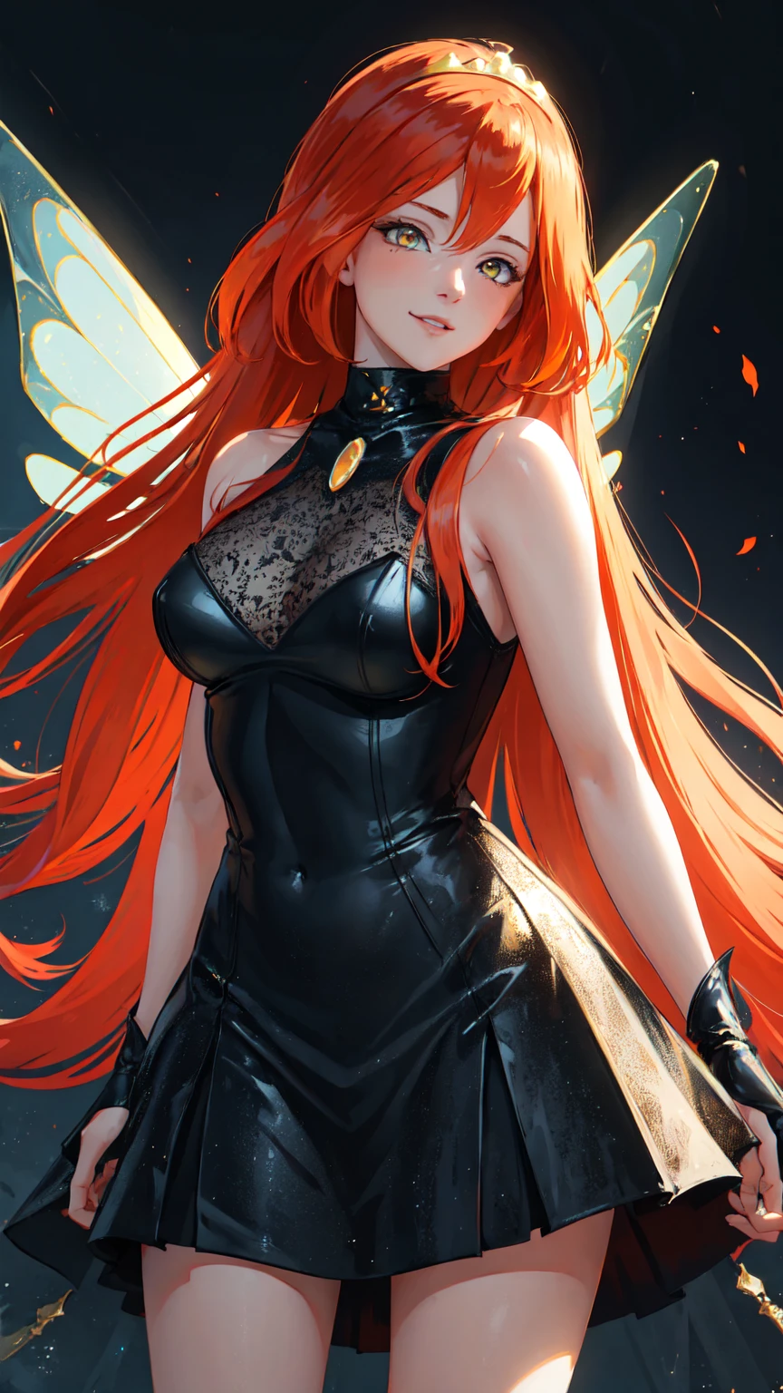 masterpiece, best quality, ultra-detailed, Bloom, tall, thick, orange hair, (((yellow eyes))), bangs, long hair, fairy outfit, black corset, sleeveless, black skirt, sparkling clothing, fairy wings, tiara, standing, smile, in the dark castle, night, cowboy shot, realistic, volumetric lighting, intricate details, tonemapping, sharp focus, hyper detailed,