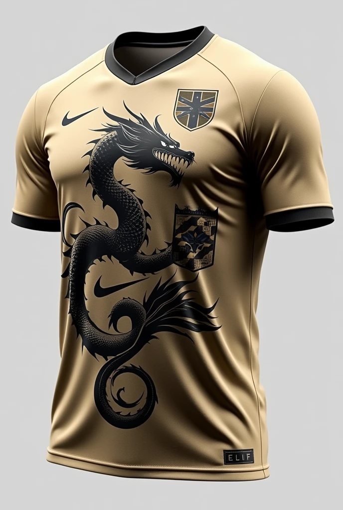 A shirt for an Interclass team uniform in beige and black and with a dragon on the beige clothing as the main color and with a shield and the Nike symbol with a smaller dragon swirling on the clothing and with the shield on the other side of Nike and with the color predominantly black and now make the layout