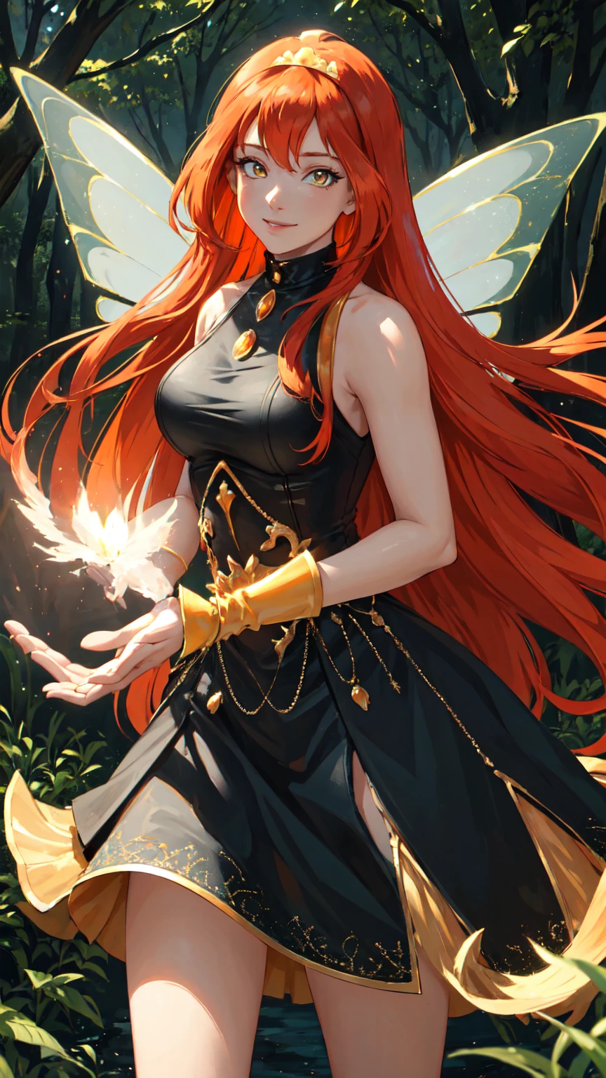 masterpiece, best quality, ultra-detailed, Bloom, tall, thick, orange hair, (((yellow eyes))), bangs, long hair, fairy outfit, black corset, sleeveless, black skirt, sparkling clothing, fairy wings, tiara, standing, smile, in the forest, cowboy shot, realistic, volumetric lighting, intricate details, tonemapping, sharp focus, hyper detailed,