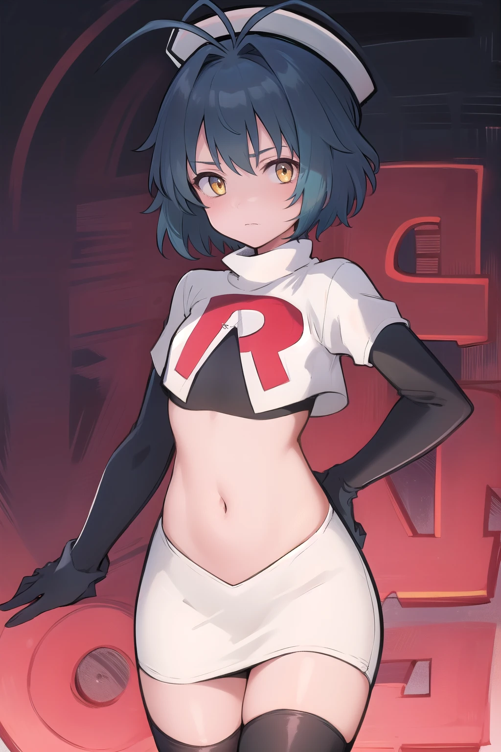 best quality, (masterpiece:1.2), illustration, absurdres, (1girl), (beautiful detailed girl),
Millium Orion, blue hair, short hair, antenna hair, ahoge, yellow eyes,  flat chest,
black hat, headwear,
team rocket,team rocket uniform,white skirt,red letter R,crop top,black thigh-highs,black elbow gloves, 
looking at viewer,