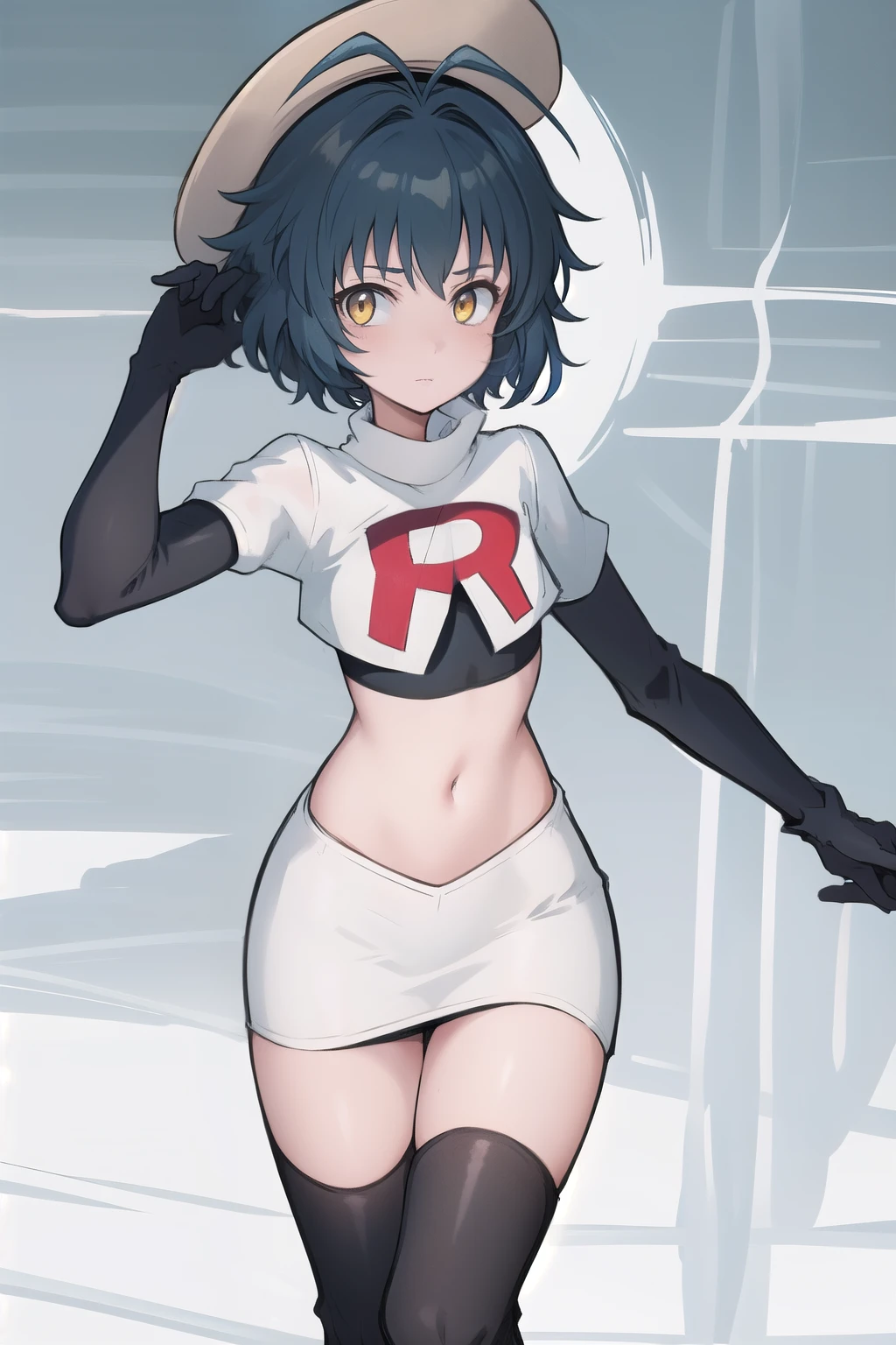 best quality, (masterpiece:1.2), illustration, absurdres, (1girl), (beautiful detailed girl),
Millium Orion, blue hair, short hair, antenna hair, ahoge, yellow eyes,  flat chest,
black hat, headwear,
team rocket,team rocket uniform,white skirt,red letter R,crop top,black thigh-highs,black elbow gloves, 
looking at viewer,