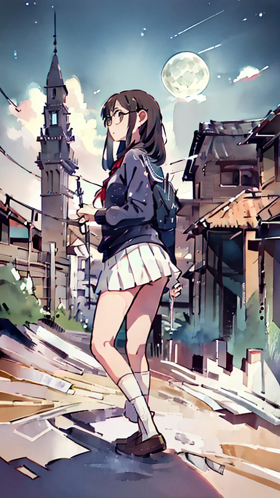 Dazzling Light、Many towers in the distance、Big Moon、metropolis、Tall buildings、Looking up at the stars、water、Midnight、Moon、Blue light、sky、sea、Nsfw、masterpiece, high quality, 4K, HDR,, Stable Diffusion prompt: schoolgirl with short、brown hair and red-framed glasses, wearing a white blouse and navy skirt, white panties visible, navy socks and brown loafers, in a state of arousal and trembling with sexual climax,simple illustration style, In a nichijou (everyday life) Setting Image generation AI model used: Stable Diffusion (eleet- model)
id: i2