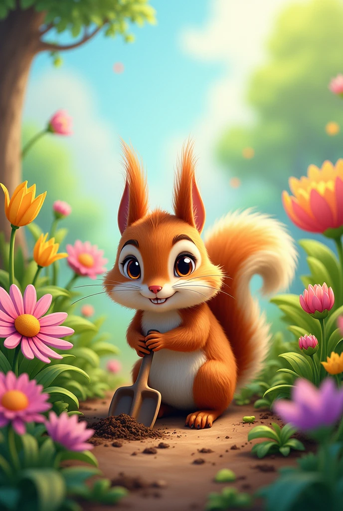 A squirrel with soft brown fur, He is digging with a small shovel in his garden full of cartoon flowers