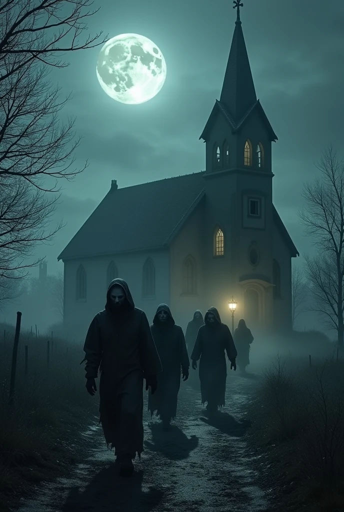 A hauntingly atmospheric wallpaper scene: Under a full moon's eerie glow, a dilapidated church stands illuminated by soft, ghostly light. The church’s windows and steeple cast faint reflections of the moonlight. In the foreground, a group of ghoulish walkers, dressed in torn and dirtied clothing, are moving slowly towards the church. Their pale, lifeless faces and vacant eyes are highlighted by the moon’s light, enhancing their menacing presence. The surrounding landscape is shrouded in a dark, misty ambiance, with silhouettes of leafless trees and an overcast sky. The scene should evoke a chilling, yet captivating atmosphere, with detailed textures and shadows to create a striking and immersive wallpaper.