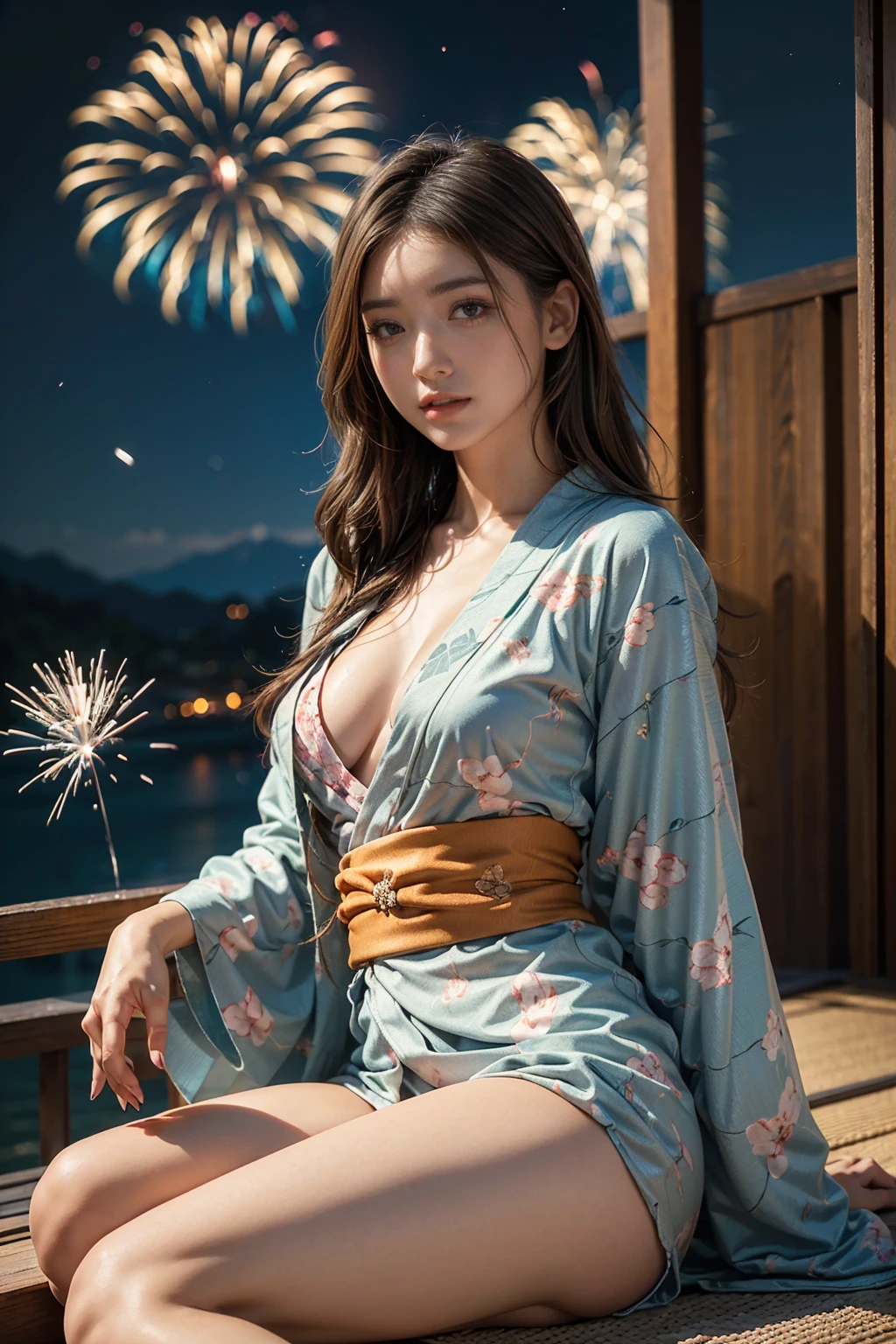 (8k、RAW Photosgraphy、Highest quality、masterpiece:1.2)、(Realistic、Realistic:1.37)、Ultra-high resolution、One Girl、cute、alone、night、Sitting、(Laughter:1.1)、(Closed)、Huge 、Beautiful Eyes、(((Fireworks bursting into the sky、night)))、(((Patterned micro mini kimono、Patterned micro mini yukata)))、Cleavage、Perfect body、Perfect Fingers、Professional Lighting、Japanese Goddess、gravure、Detailed face and skin texture、Detailed eyes、RAW Photos、I can see her black panties、The yukata is open, revealing her sexy underwear.:1.5,Orange kimono、Orange Yukata