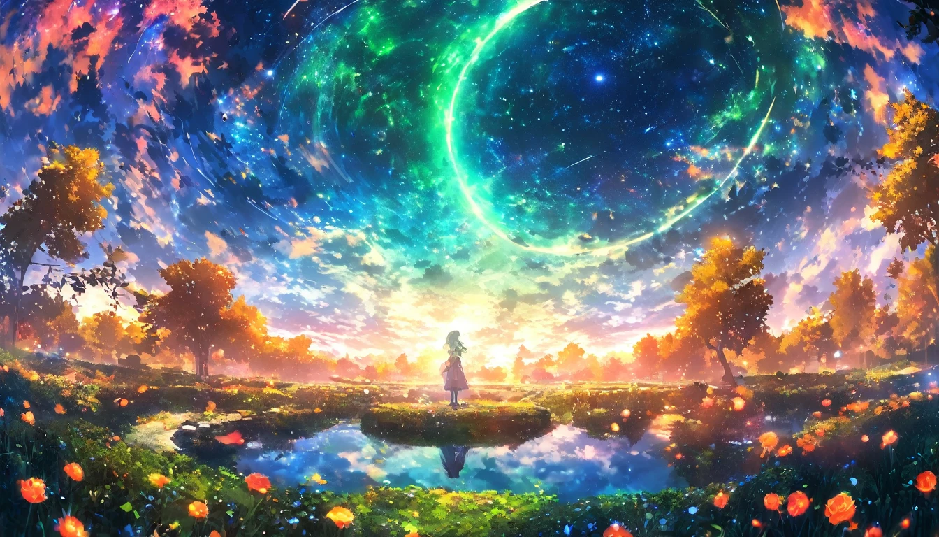 masterpiece, Concept Art, Panorama, in the center, shape, Wide Shot, garden, night, (meteor), Space galaxy background, (Great composition, Epic Scale), Dynamic Lighting, Bright colors, Blue rose,Landscape Long Eyelashes, Round eyes, Silver Hair, Half-closed eyes, sad, Cast a Shadow, Anaglyph, Stereogram, tachi-e, Atmospheric perspective, Wide Shot, reflected light, 8k, Super Detail, Highest quality, Anatomically correct, green