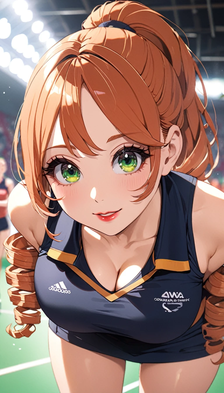 (Highest quality,4K,8k,High resolution,masterpiece:1.2),Very detailed,32-year-old woman、(((Mature Woman))), (((Mature Woman))), Best Bust、Large Breasts, Cleavage、Beautiful Eyes、Orange Hair、Moss green eyes、Red lips, ((ponytail)), (Drill Hair), ((amount)), Very cute face, Glossy Lips, Double eyelids on both eyes,Natural smile、Tight waist、(volleyball uniform), Natural Makeup, smile, Long eyelashes, Shiny and smooth hair、tall、standing, leaning forward, forward bend, head down, hands on ankle, low angle, ((cowboy shot)), In a crowded gymnasium、Olympic Venues、Shallow depth of field