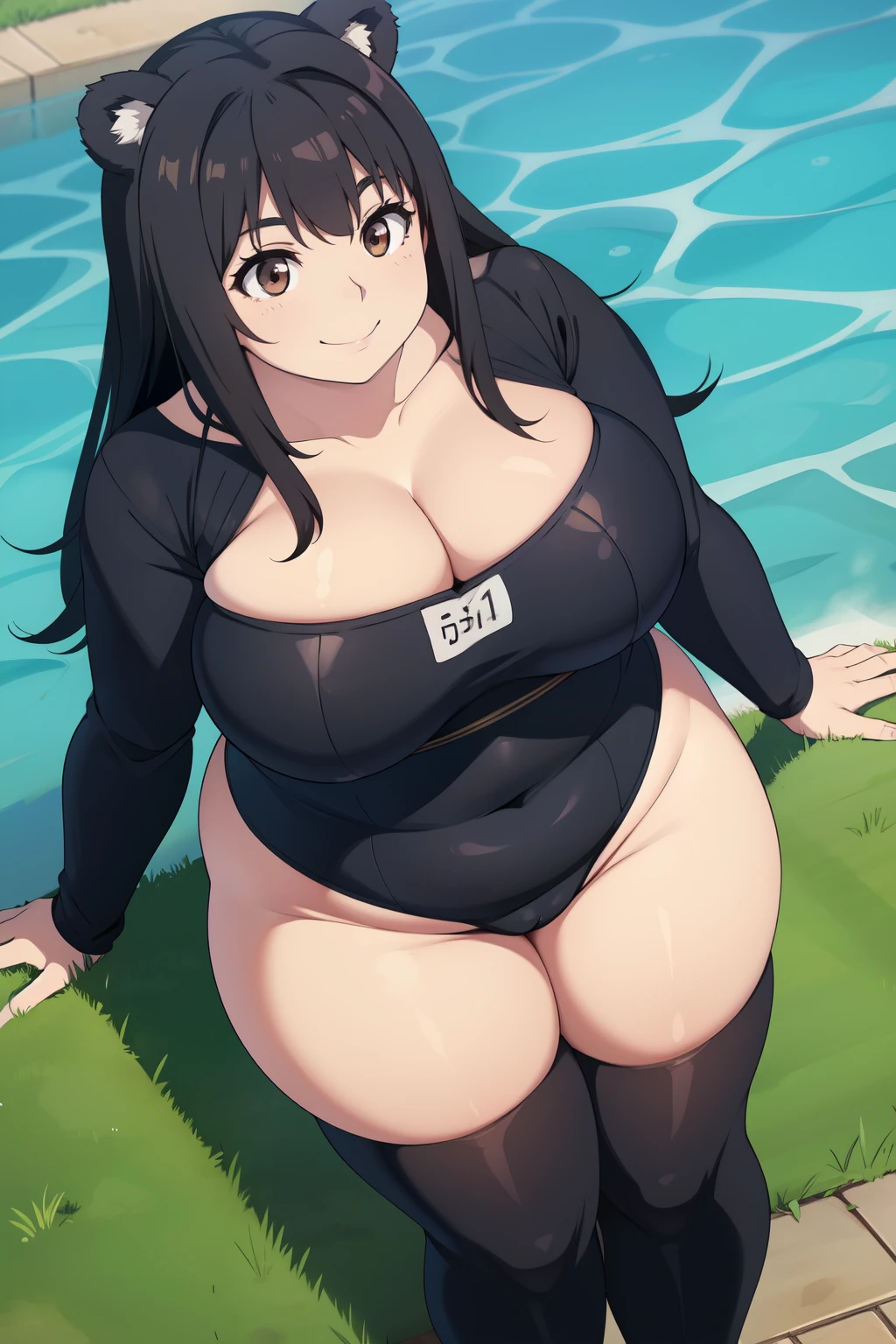 Plump  21 big breasts black hair brown eyes chubby smile bear girl black leotard longer hair seen from above 