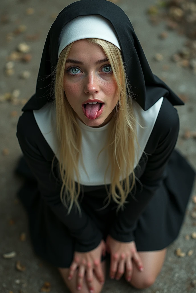 Realistic, nun, Blue eyes, blonde Hair, big boobs, tongue out, sweating, on her knees, looking up, Photo from above, 