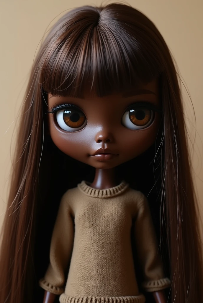 blythe doll with long straight brown hair, black black skin , brown dark eyes, and bangs



