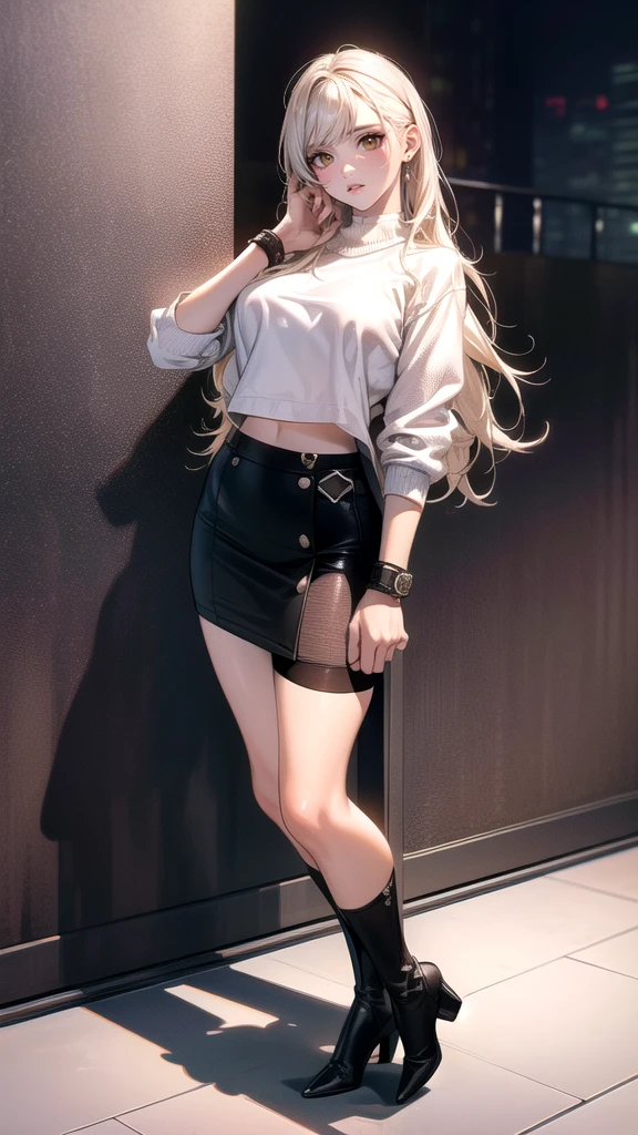 (random porn pose),(Highest image quality,(8k),ultra-realistic,best quality, high quality, high definition, high quality texture,high detail,beautiful detailed,fine detailed,extremely detailed cg,detailed texture,a realistic representation of the face,masterpiece,Sense of presence),sweater,tight mini skirt,stockings,Engineer boot