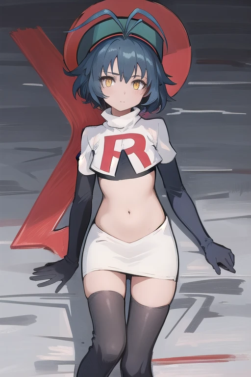 best quality, (masterpiece:1.2), illustration, absurdres, (1girl), (beautiful detailed girl),
Millium Orion, blue hair, short hair, antenna hair, ahoge, yellow eyes,  flat chest,
black hat, headwear,
team rocket,team rocket uniform,white skirt,red letter R,crop top,black thigh-highs,black elbow gloves, 
looking at viewer,