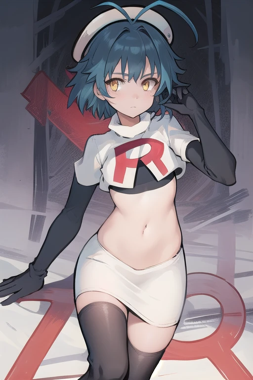 best quality, (masterpiece:1.2), illustration, absurdres, (1girl), (beautiful detailed girl),
Millium Orion, blue hair, short hair, antenna hair, ahoge, yellow eyes,  flat chest,
black hat, headwear,
team rocket,team rocket uniform,white skirt,red letter R,crop top,black thigh-highs,black elbow gloves, 
looking at viewer,