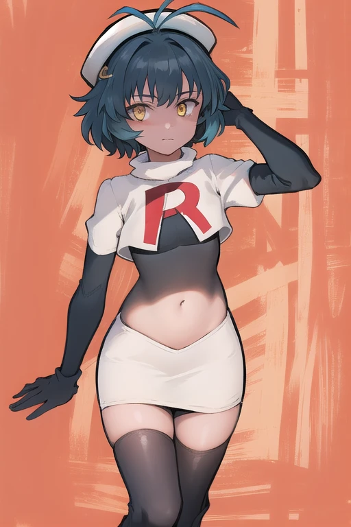 best quality, (masterpiece:1.2), illustration, absurdres, (1girl), (beautiful detailed girl),
Millium Orion, blue hair, short hair, antenna hair, ahoge, yellow eyes,  flat chest,
black hat, headwear,
team rocket,team rocket uniform,white skirt,red letter R,crop top,black thigh-highs,black elbow gloves, 
looking at viewer,