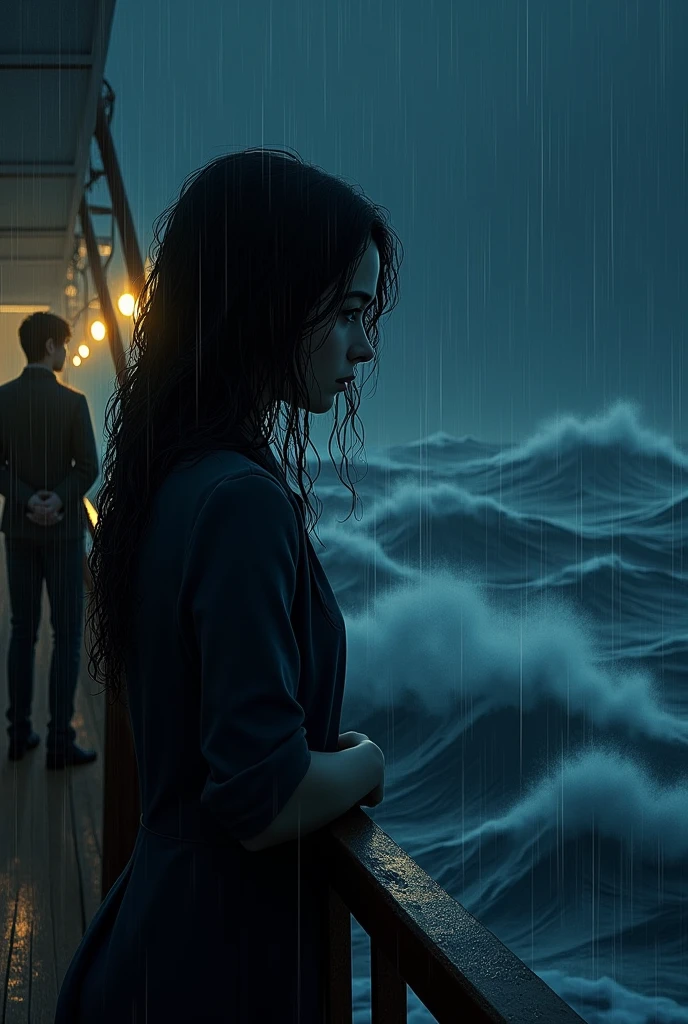 A woman watches the sea from a ship on a dark night while it rains, her hair wavy. A young man watches her from afar, a scarf in his hand.