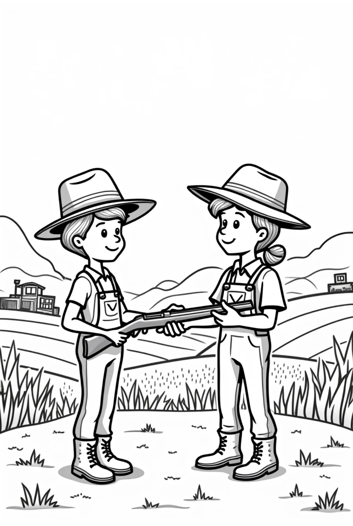 Draw a farmer handing a gun to another in the field a coloring page for