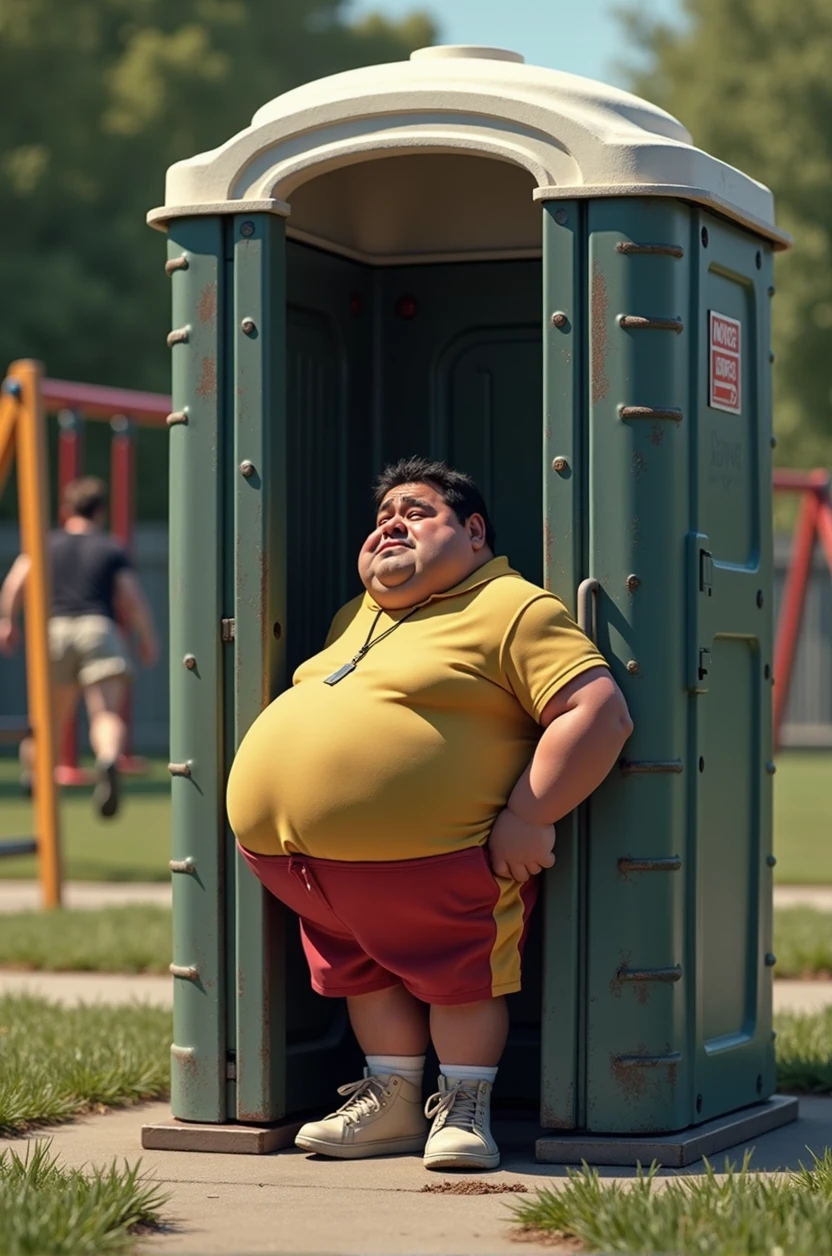 Fat Albert clutching his crotch,waiting in the porta potty, a rear view of Jack Black peeing, park, playground