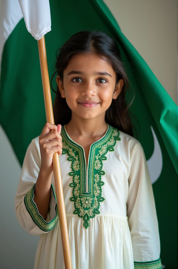 create a 14 august girl pic in white and green dress and Pakistan flag on her hand  with name " kainat "