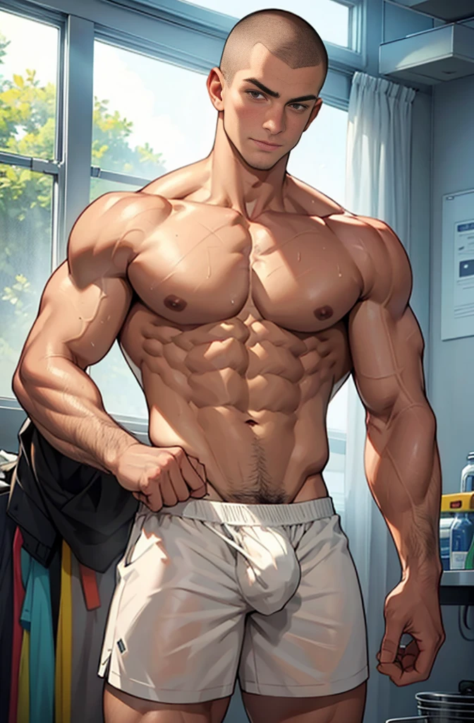 muscular buzzcut guy in only sexy_see-through_underwear, oily pecs, visible_dick, puffy_nipples