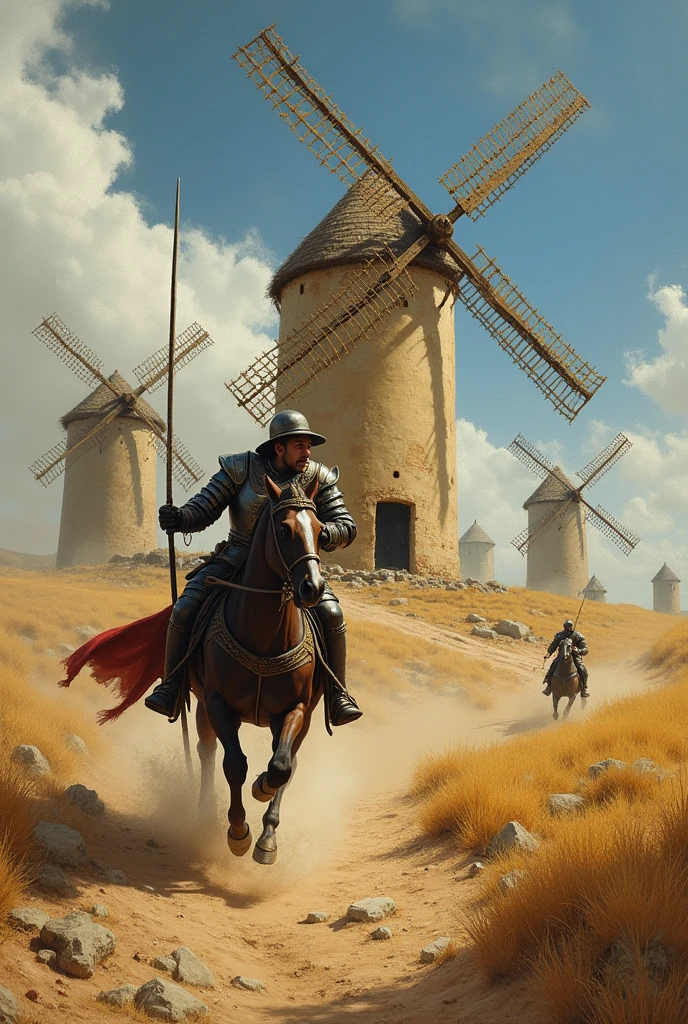 Don Quixote of La Mancha fighting against some windmills
