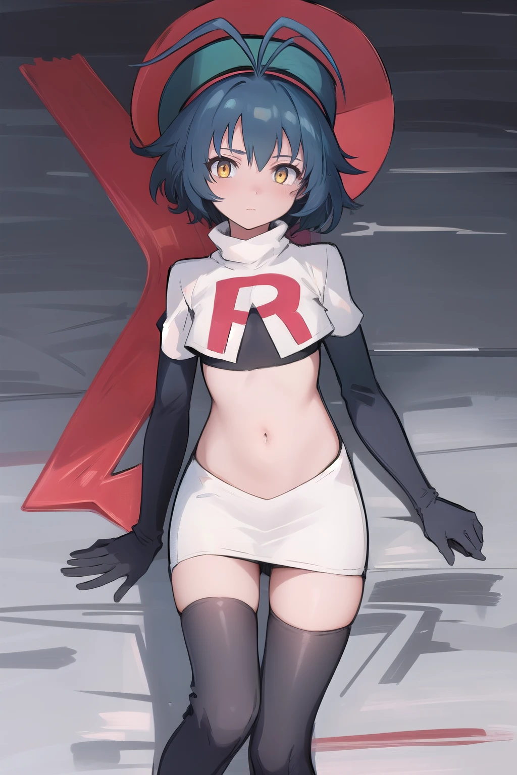 best quality, (masterpiece:1.2), illustration, absurdres, (1girl), (beautiful detailed girl),
Millium Orion, blue hair, short hair, antenna hair, ahoge, yellow eyes,  flat chest,
black hat, headwear,
team rocket,team rocket uniform,white skirt,red letter R,crop top,black thigh-highs,black elbow gloves, 
looking at viewer,