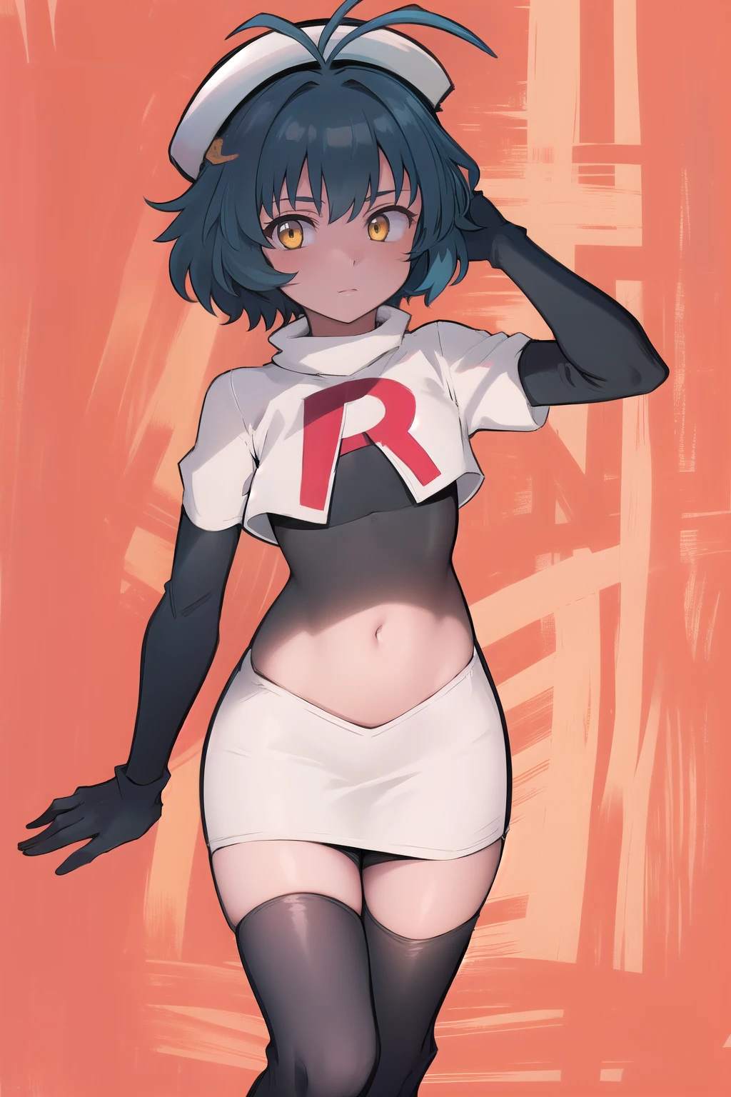 best quality, (masterpiece:1.2), illustration, absurdres, (1girl), (beautiful detailed girl),
Millium Orion, blue hair, short hair, antenna hair, ahoge, yellow eyes,  flat chest,
black hat, headwear,
team rocket,team rocket uniform,white skirt,red letter R,crop top,black thigh-highs,black elbow gloves, 
looking at viewer,