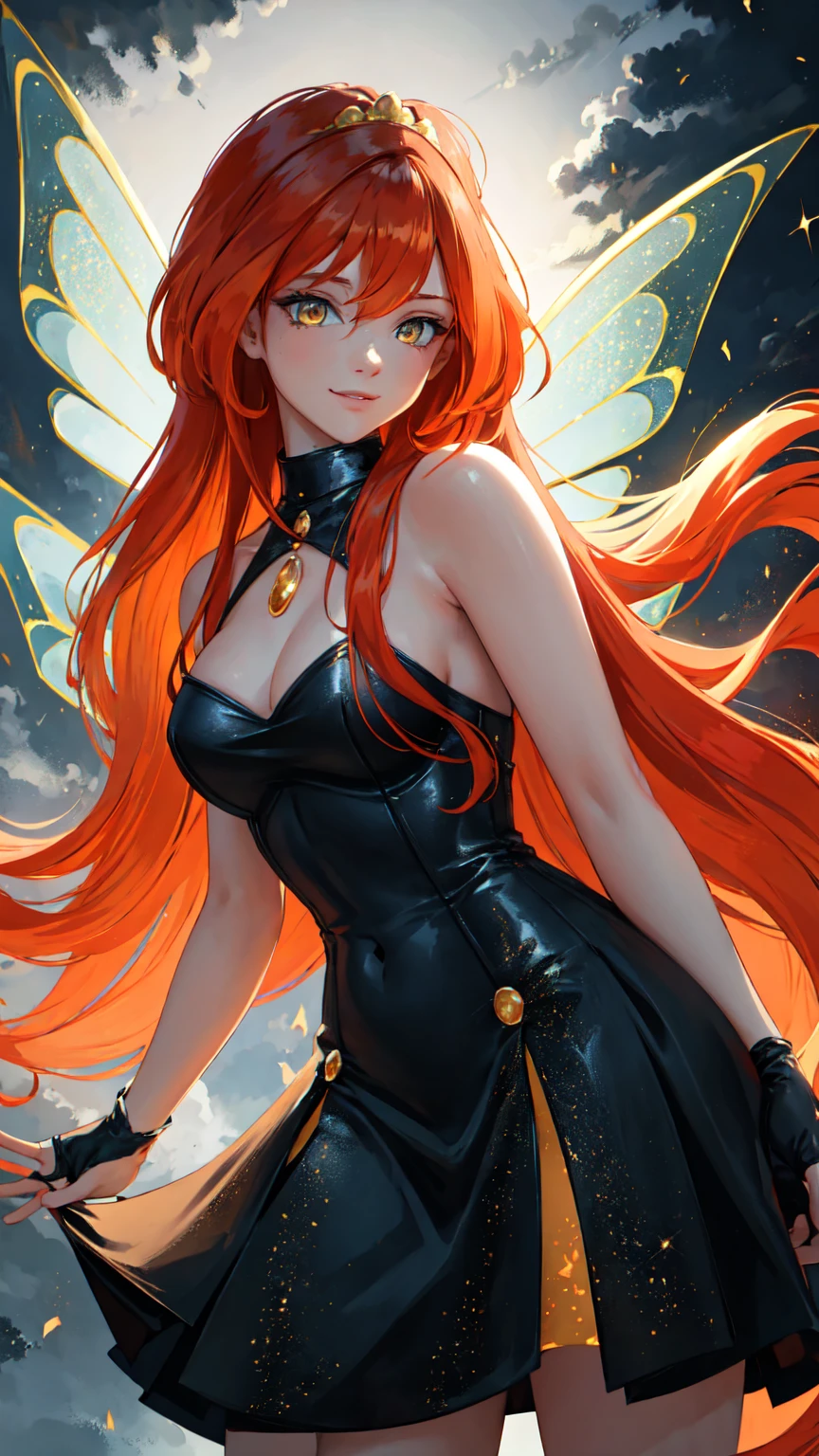 masterpiece, best quality, ultra-detailed, Bloom, tall, thick, orange hair, (((yellow eyes))), bangs, long hair, fairy outfit, black corset, sleeveless, black skirt, sparkling clothing, fairy wings, tiara, standing, smile, in the dark castle, night, cowboy shot, realistic, volumetric lighting, intricate details, tonemapping, sharp focus, hyper detailed,