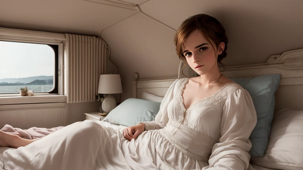 il y a une femme allongée dans son lit dans une camionnette avec une fenêtre ouverte, esthétique de la pluie, Emma Watson au lit, il pleut comme un rêve, image fixe d'un film, capture d'écran d'un film, tournage d'un film hyperréaliste, comme des larmes sous la pluie, il est temps de mourir, Taylor Swift comme un ange céleste, extrait d'un clip vidéo, il pleut dehors par la fenêtre, tiré d'un film