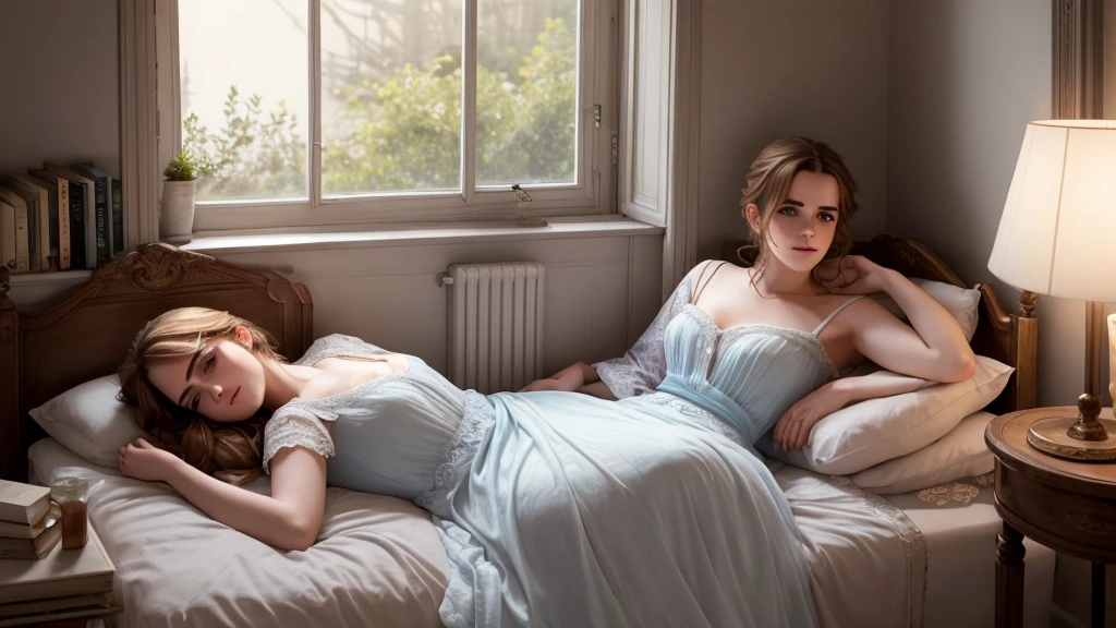 il y a une femme allongée dans son lit dans une camionnette avec une fenêtre ouverte, esthétique de la pluie, Emma Watson au lit, il pleut comme un rêve, image fixe d'un film, capture d'écran d'un film, tournage d'un film hyperréaliste, comme des larmes sous la pluie, il est temps de mourir, Taylor Swift comme un ange céleste, extrait d'un clip vidéo, il pleut dehors par la fenêtre, tiré d'un film