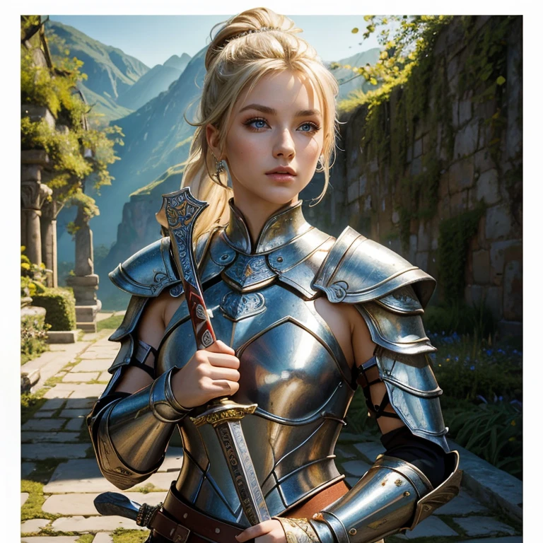 (masterpiece, best quality:1.5), highest quality, High resolution, super detailed, Realists, Upper body photo of a blonde warrior , detailed and beautiful eyes, beautiful detailed lips, very detailed eyes and face, longeyelashes, Warrior in noble light armor made of reflective white metal, Noble details on the armor. Beautiful and colorful makeup, ponytail hairstyle, Gardens as background, bright daylight, bright colors, fine brushstrokes, Portrait style, beautiful color palette, glowing skin, First-class rendering, that captures every detail, enchanting atmosphere, (perfect anatomy:1.2), (The stunning warrior holds a richly decorated sword in her hand. (magnificent panorama view:1.2)
