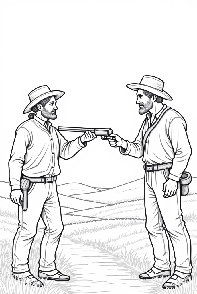 Draw a young peasant handing a gun to another in the field a coloring page