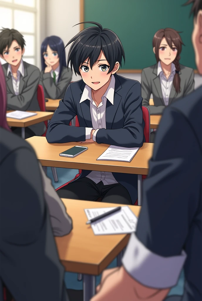 dark-haired teenage boy 19 years old anime in a school sitting with his classmates and the teacher talking about a contest