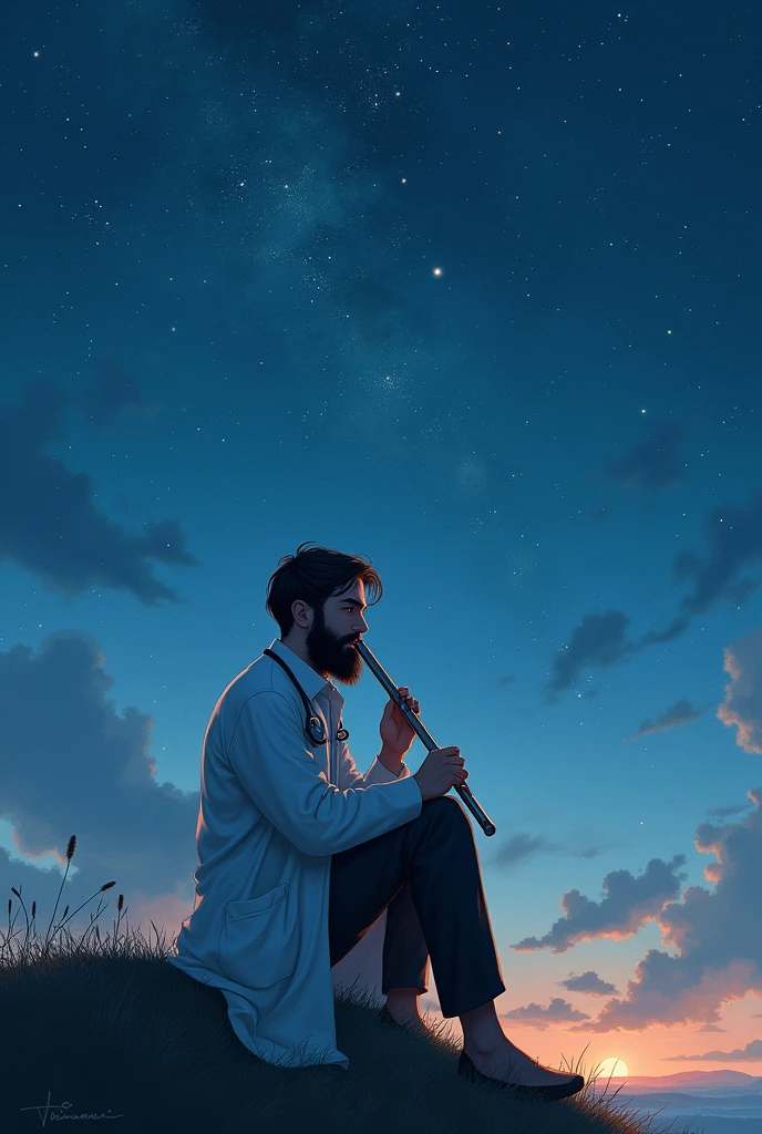 Young tall boy with beard playing flute sitting at top of hill on a at night sky full of star asthetic painting wearing white coat sthetoscope properly over neck and black pant from back