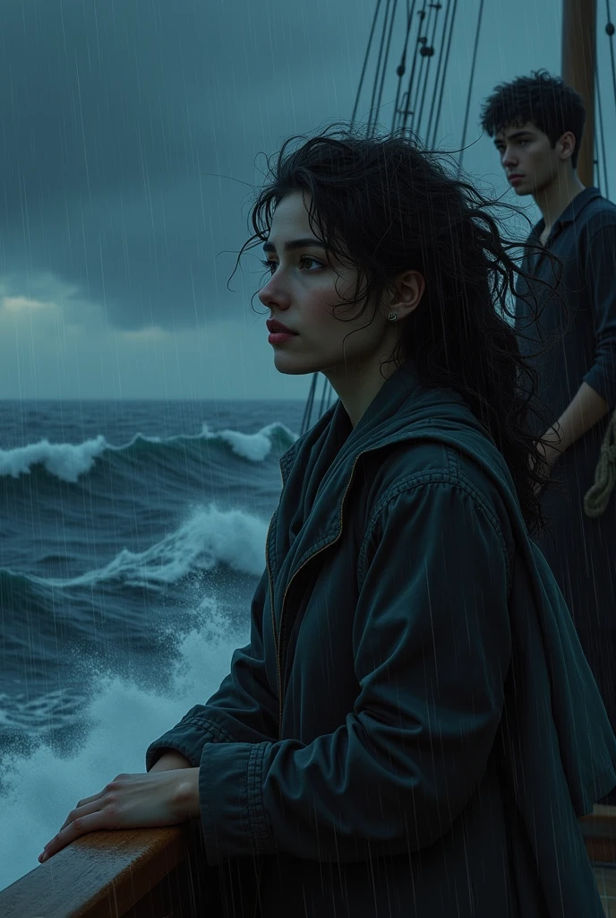  A woman watches the sea from a ship on a dark night while it rains. Her hair is wavy. A young man watches that woman from afar with a scarf in his hand. 