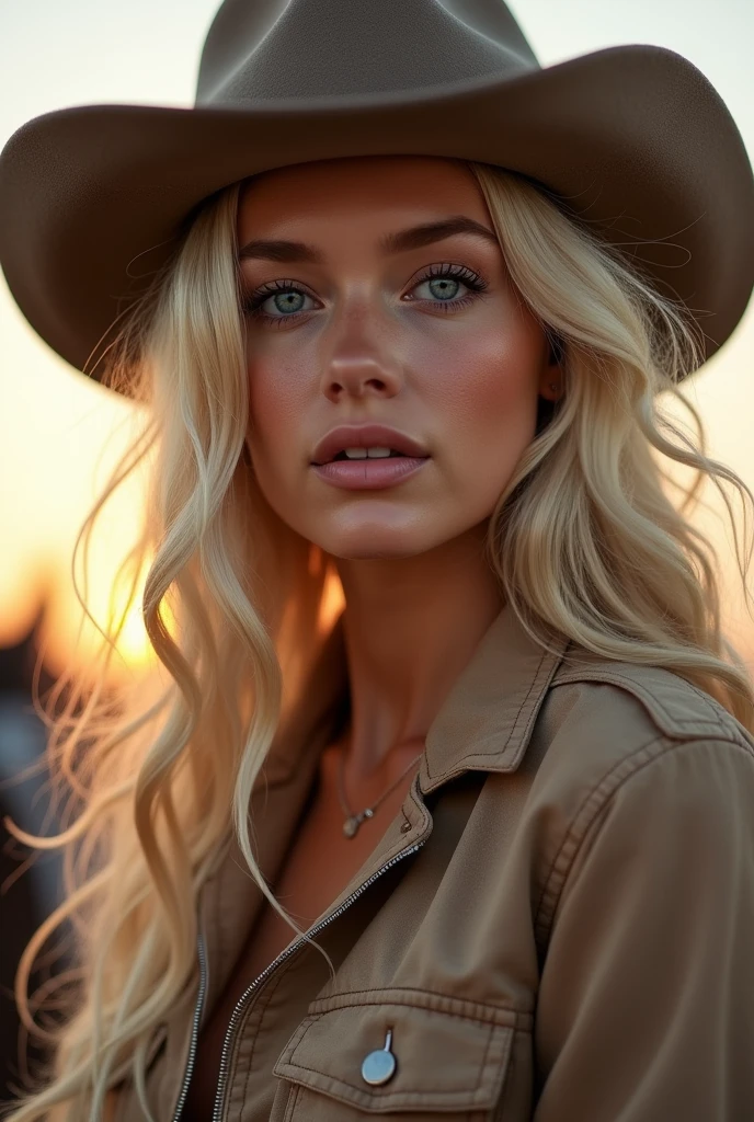 Photo of a sexy blonde&#39;s face, blue eyes (20 years) women (premium:1.4),(masterpiece:1.3),(sharp focus:1.2),(photorealistic:1.4), in cowgirl clothes, Realistic giving a sexy look., full body image, riding a horse