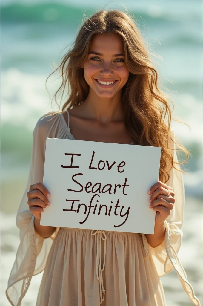 Beautiful girl with wavy long hair, bohemian dress, holding a white board with text "I Love Seaart Infinity" and showing it to the viewer