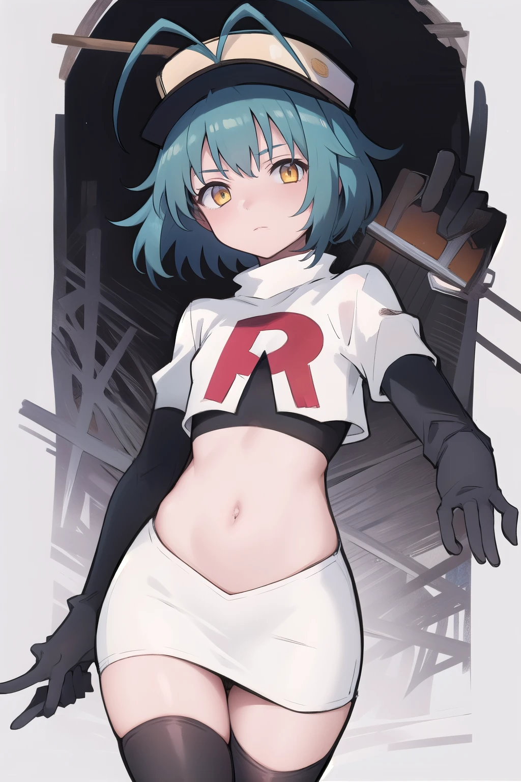 best quality, (masterpiece:1.2), illustration, absurdres, (1girl), (beautiful detailed girl),
Millium Orion, blue hair, short hair, antenna hair, ahoge, yellow eyes,  flat chest,
black hat, headwear,
team rocket,team rocket uniform,white skirt,red letter R,crop top,black thigh-highs,black elbow gloves, 
looking at viewer,