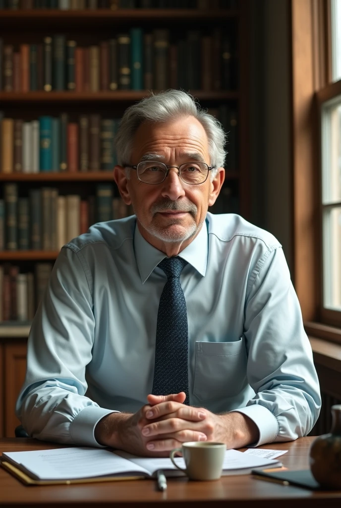 An ultra-realistic teacher who inspires extreme confidence by studying in his office.Remember to create an ultra-realistic image in a real-life scenario.