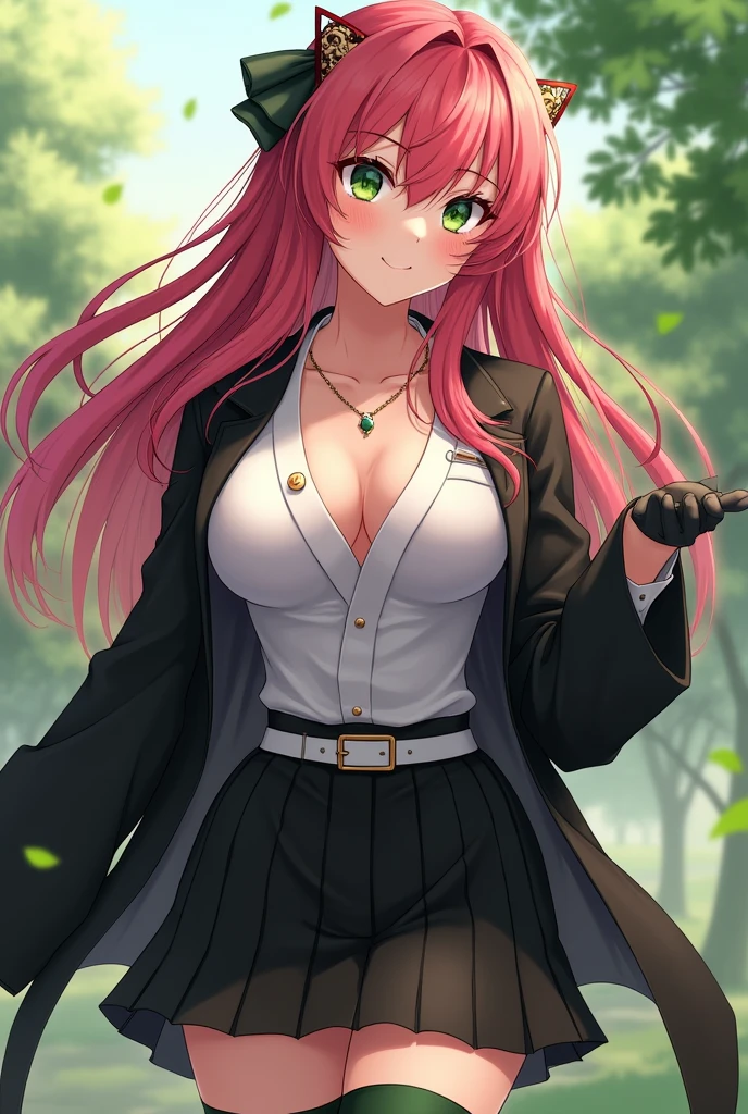 Beautiful Mitsuru DS portrait,(masterpiece, Highest quality:1.3), (Super detaileded:1.4),(Super detaileded顔:1.2),(Super detaileded目:1.2), (hyperRealistic:1.3), (RAW Photos:1.2), High resolution raw color photos, Professional photos, (PhotoRealistic:1.4), (Realistic:1.4),8k,Professional Lighting, Perfect Anatomy, break,(Big Breasts:1.6),(blush:1.2),(Bright smile:1.2),detailed, Sharp focus, dramatic,Dutch Angle,Fuji field,Japanese garden,(Black Demon Slayer uniform:1.2), Long sleeve, kimono, Cleavage, Open clothes,White Belt,white haori,(Black Skirt:1.2), Black jacket, Pleated skirt, Green thigh-highs, Absolute area, break,Bright green eyes,(Two-tone hair,Pink Hair,hair with green tips:1,2),Mole under the eye, (Sexy pose:1.3)
