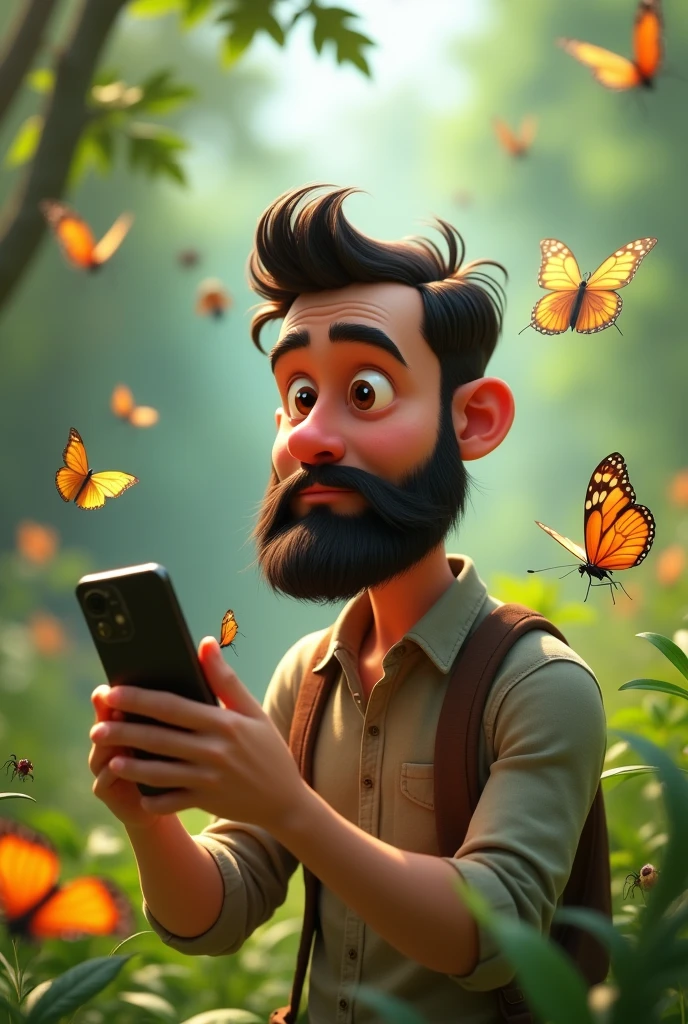 A french cut beard animated man taking pictures of lots of bugs and butterflies in nature by his mobilephone and a beautiful bug is in front of his mobile