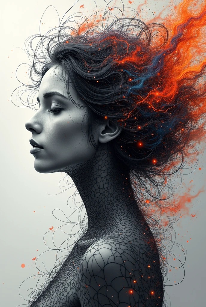 I AM A WORK OF ART THAT COMBINES DIFFERENT WORLDS A PERFECT FRONT-FACED PORTRAIT OF DIFFERENT RACES THAT SEES EVERYTHING AND USES ALL THE ELEMENTS OF OTHER WORLDS surreal that IS the abstract form of a beautiful woman. His figure is composed entirely of intertwined SURREAL CHAOS that come in and out, forming A BODY FROM ANOTHER WORLD. THINGS vary in thickness, some daring and others fine, creating a sensation of depth and movement, reveals a serene and hopeful expression. The background is a dreamlike swirl of soft pastel colors that blend seamlessly with the lines., suggesting an otherworldly landscape. Subtle touches of light radiate from its shape, symbolizing hope and inner strength, as if emerging from chaos into a world of possibilities. The overall effect is both delicate and powerful., and captures the essence of beauty and hope in an abstract and surreal style. NOTABLE DEPTH OF FIELD RULE OF THIRDS 24K PHOTOSHOP-LIKE FINISH COMBINES BLACK AND WHITE WITH BRIGHT COLORS