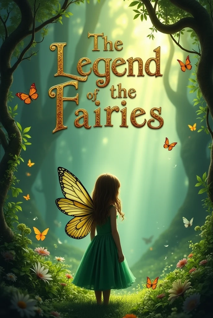 Cover for a book that says in beautiful letters &quot;The Legend of the Fairies&quot; In the background there will be a girl with her back turned looking towards an enchanted forest The girl will have a green dress and fairy wings There will be butterflies around her and there will be good lighting