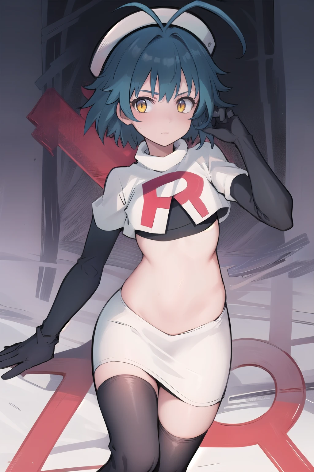 best quality, (masterpiece:1.2), illustration, absurdres, (1girl), (beautiful detailed girl),
Millium Orion, blue hair, short hair, antenna hair, ahoge, yellow eyes,  flat chest,
black hat, headwear,
team rocket,team rocket uniform,white skirt,red letter R,crop top,black thigh-highs,black elbow gloves, 
looking at viewer,