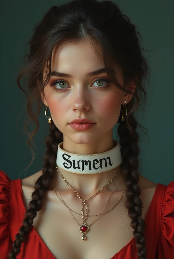 young adult woman wearing a collar with the name queen samara written on it