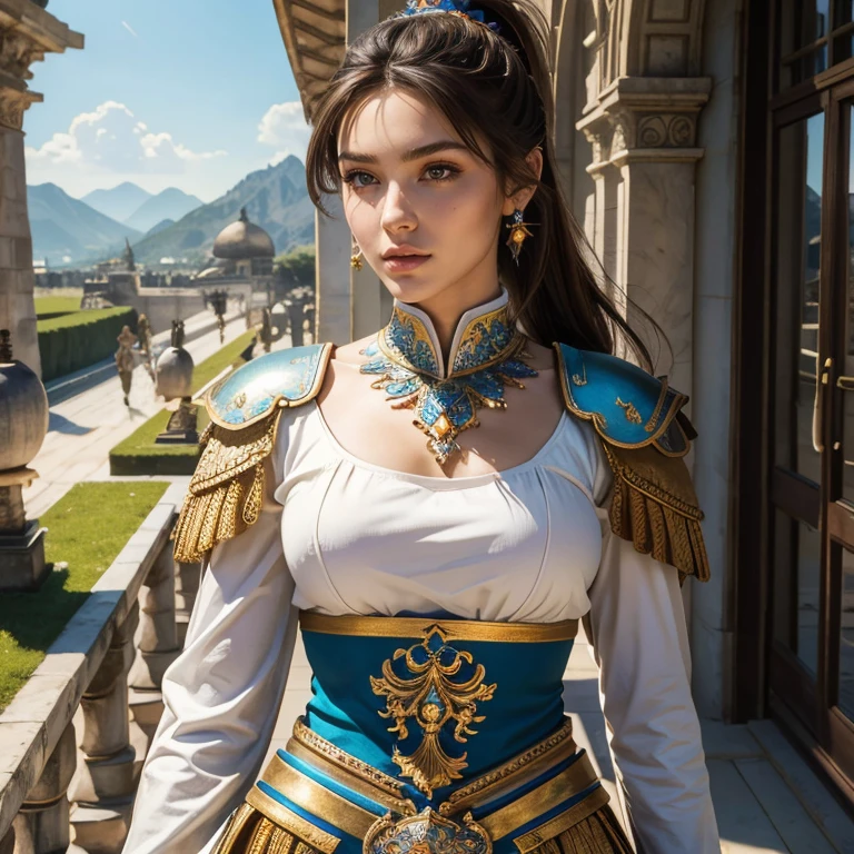 (masterpiece, best quality:1.5), highest quality, High resolution, super detailed, Realists, Upper body photo of a brunette warrior , detailed and beautiful eyes, beautiful detailed lips, very detailed eyes and face, longeyelashes, Warrior in noble armor made of reflective white metal, Noble details on the armor. Beautiful and colorful makeup, ponytail hairstyle, Gardens as background, bright daylight, bright colors, fine brushstrokes, Portrait style, beautiful color palette, glowing skin, First-class rendering, that captures every detail, enchanting atmosphere, (perfect anatomy:1.2), (The stunning warrior stands next to one of her soldiers. (magnificent panorama view:1.2)