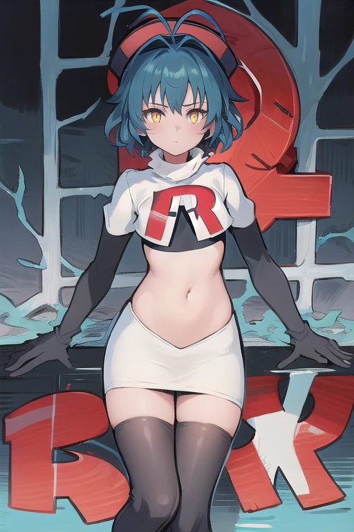 best quality, (masterpiece:1.2), illustration, absurdres, (1girl), (beautiful detailed girl),
Millium Orion, blue hair, short hair, antenna hair, ahoge, yellow eyes,  flat chest,
black hat, headwear,
team rocket,team rocket uniform,white skirt,red letter R,crop top,black thigh-highs,black elbow gloves, 
looking at viewer,